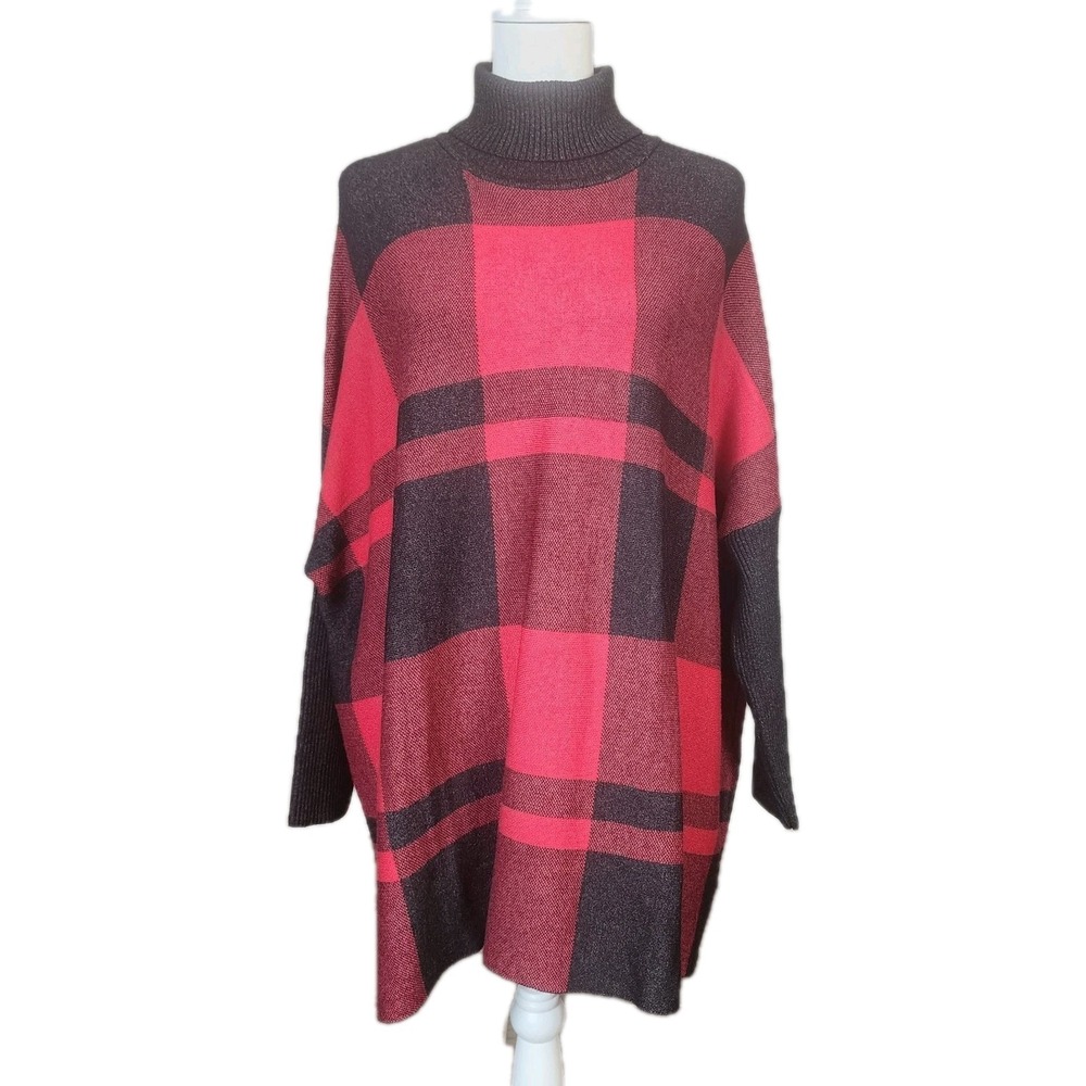 Joseph A Turtleneck Poncho Sweater Womens Large Black Red‎ Plaid Oversized NEW
